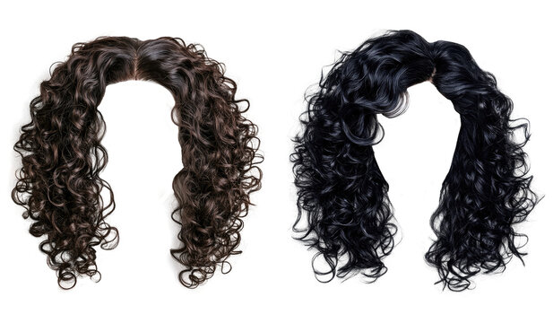 Two curly style wigs in black and brown. Beautiful women's wigs. transparent background