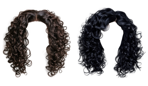 Two curly style wigs in black and brown. Beautiful women's wigs. transparent background