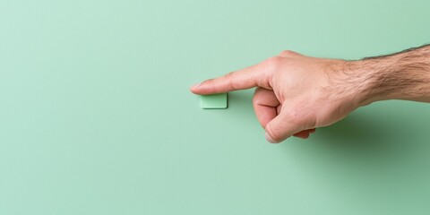 A close-up of a hand pressing a button on a mint green wall, representing interaction.