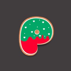 Ginger Cookie alphabet font letter P,
Cartoon letters and numbers with shadow. Christmas holiday vector illustration for your typography design.