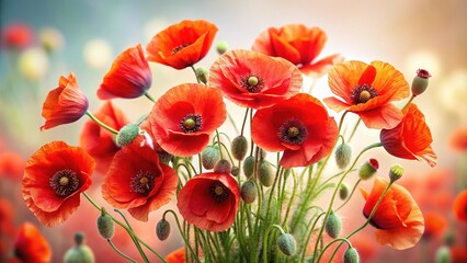 Obraz premium Tilt-Shift Wild Poppies Bouquet - Isolated on White Background - AI Photo