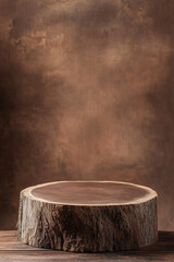 Fototapeta premium Empty bark stump podium provides a natural wooden surface for showcasing products in an eco-friendly, rustic display