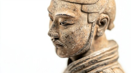 Fototapeta premium An ancient warrior figure carved in stone. The detail reflects craftsmanship inspired by historical legends and culture. Perfect for art studies. Generative AI