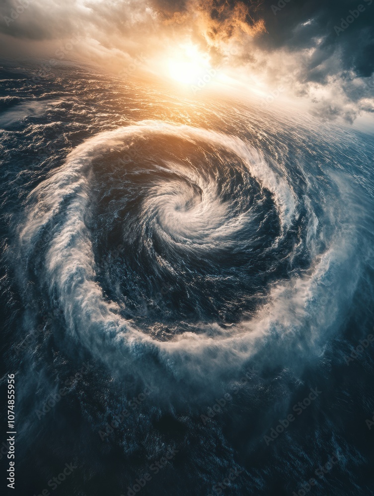 Poster The powerful hurricane develops over open waters, surrounded by turbulent clouds and illuminated by the setting sun. Generative AI