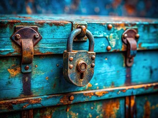 Vintage Rusty Padlock Chest Closeup, Blue Background, Conceptual Photography