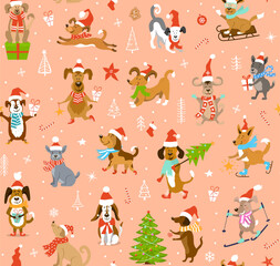 Merry Christmas happy new year  winter holidays seamless pattern with  cute adorable funny cartoon dogs on peach cream background, xmas yuletide design print, vector illustration