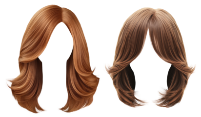 Two layered hair style wigs in brown and blonde. Beautiful women's wigs. transparent background