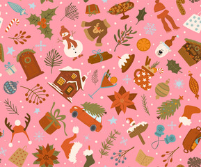 Merry Christmas happy new year  winter holidays seamless pattern with  various festive objects on pink background, vintage retro xmas yuletide seasons greetings repeat print, vector illustration