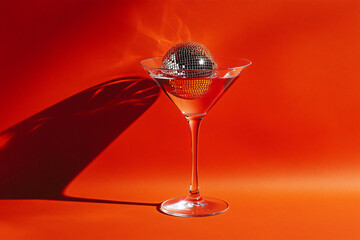 Cocktail party with disco ball on bright red color background. Disco party, retro fashion. Modern stylish banner template for holiday card, banner, flyer, menu with space for text