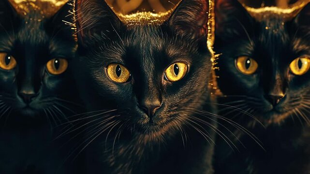 Three black cats stare intently with piercing golden eyes