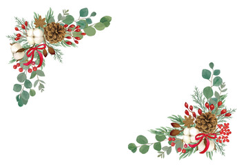 ポインセチアと針葉樹のクリスマスのベクターイラスト