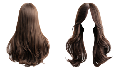 middle parted long hair style wigs in brown color. front and back. Beautiful women's wigs. transparent background