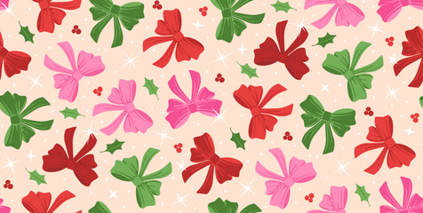 Merry Christmas happy new year  winter holidays seamless pattern with coquette bows berries and holly leaves in pink red green colors on peach ground,  xmas design print, vector illustration