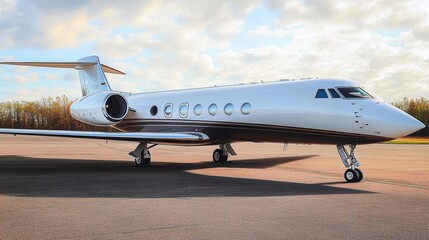 Luxury private jet parked on a tarmac with cloudy sky. Business aviation, wealth, travel concept.