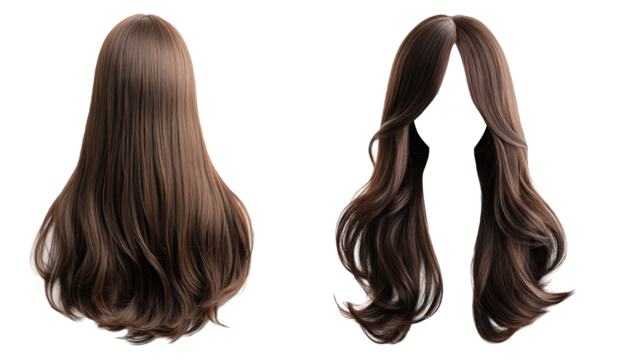 middle parted long hair style wigs in brown color. front and back. Beautiful women's wigs. transparent background