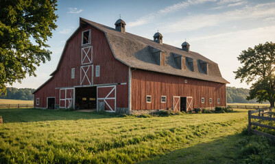 A red barn sits on a grassy field with trees in the background