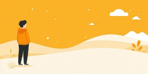 Obraz premium A person gazing at a bright yellow landscape with soft clouds and gentle hills.