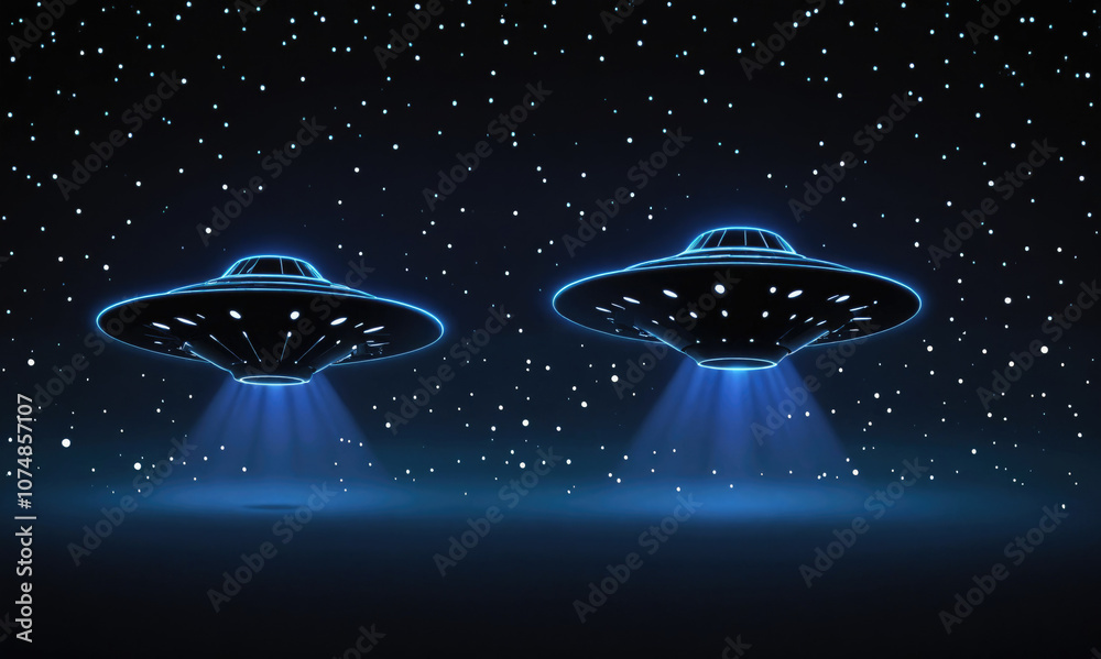 Sticker two unidentified flying objects hover over a planet, shining bright beams of light
