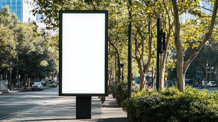 Blank Billboard on Urban Street Surrounded by Trees