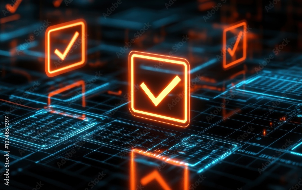 Poster a futuristic digital scene showcasing glowing check marks on a technological grid, symbolizing verif