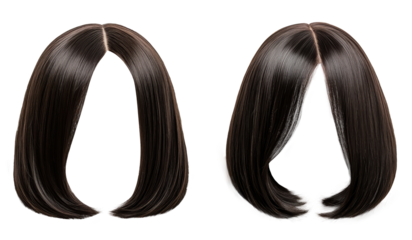 middle parted bob hair style wigs in black colors. Beautiful women's wigs. transparent background