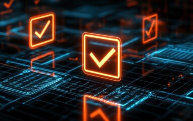 A futuristic digital scene showcasing glowing check marks on a technological grid, symbolizing verification and approval in a cyber environment.