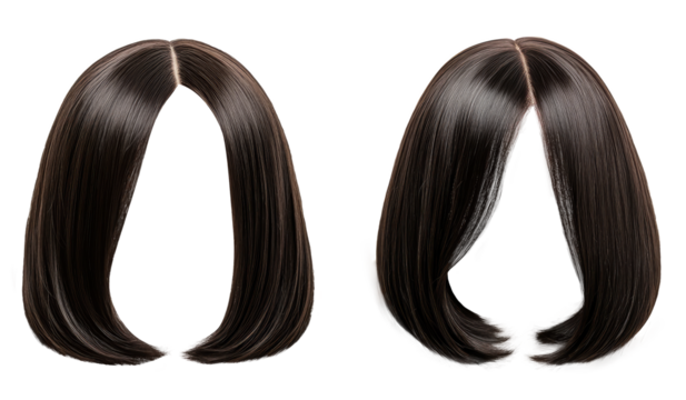 middle parted bob hair style wigs in black colors. Beautiful women's wigs. transparent background
