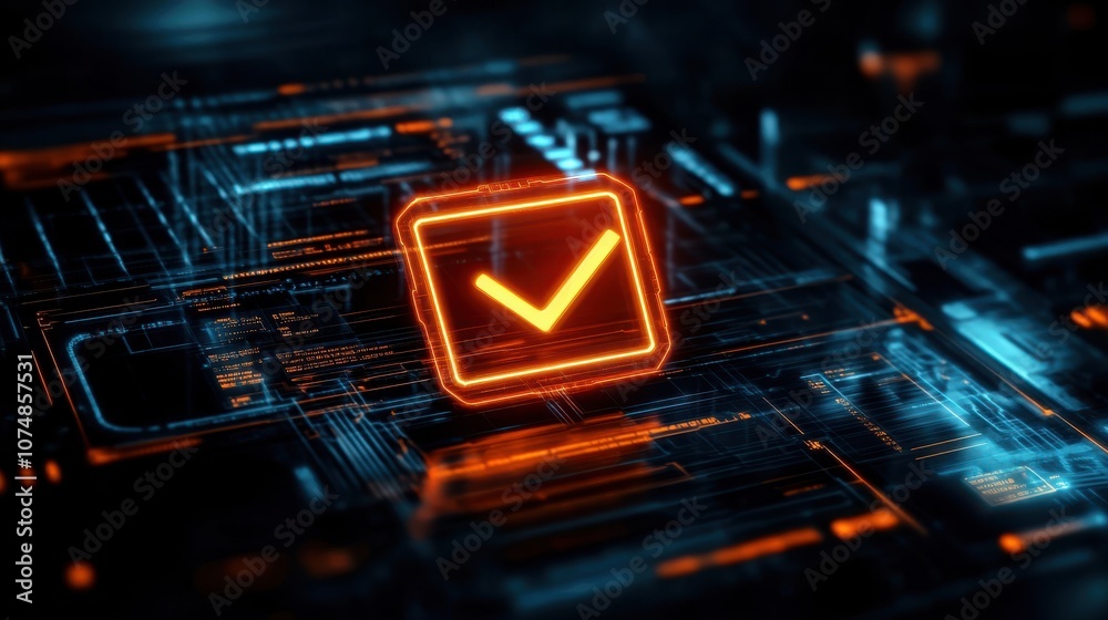 Poster a glowing orange checkmark on a digital circuit background, symbolizing validation or completion in 