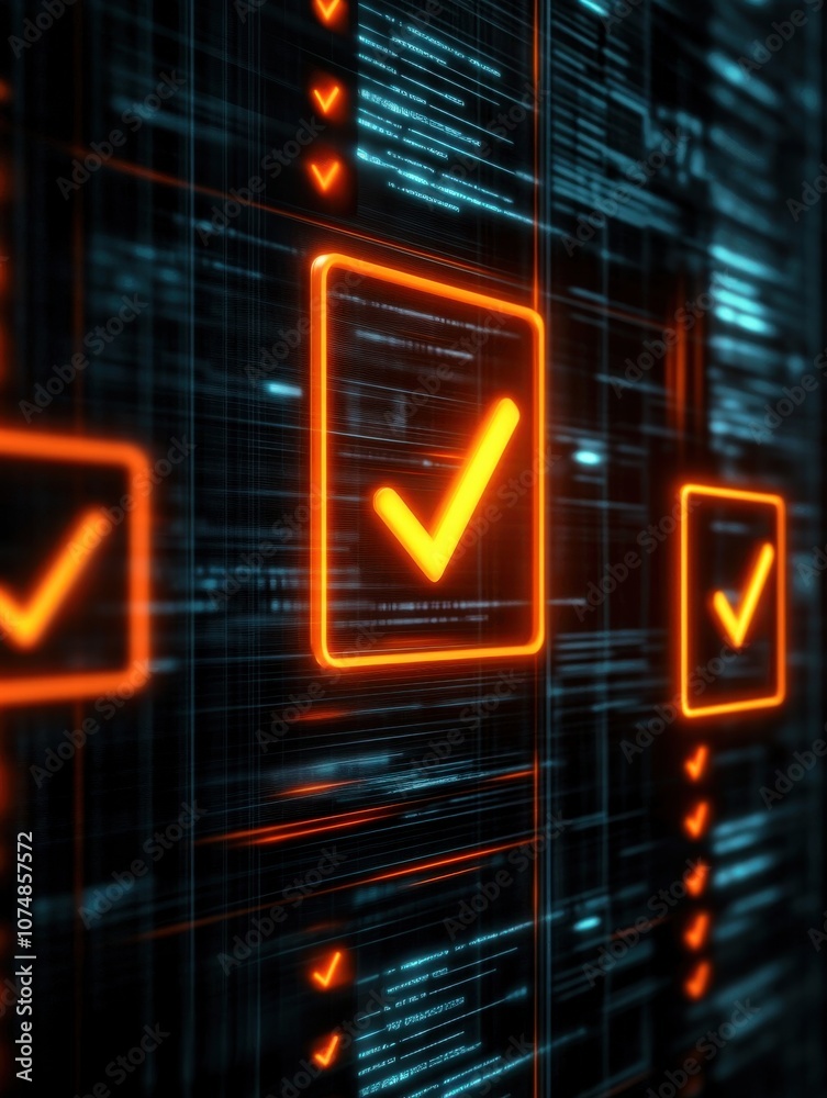 Poster a digital representation of checkmarks in glowing boxes, set against a backdrop of abstract data lin