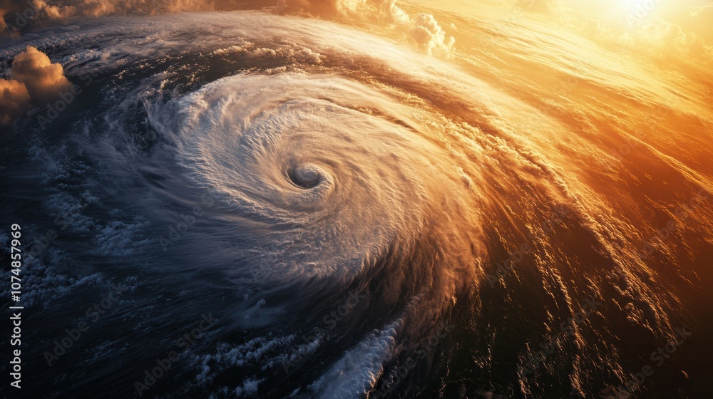 Poster A powerful hurricane is emerging over the vast ocean, characterized by its swirling patterns and ominous clouds as daylight fades. Generative AI