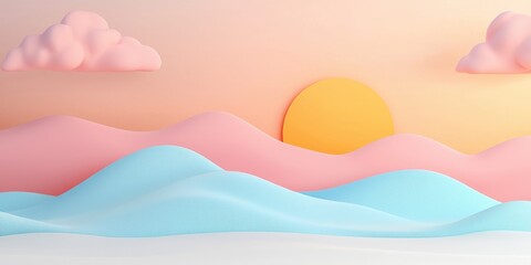 A serene digital landscape with gentle hills and a colorful sunset in pastel tones.