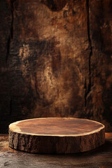 Empty bark stump podium provides a natural wooden surface for showcasing products in an eco-friendly, rustic display