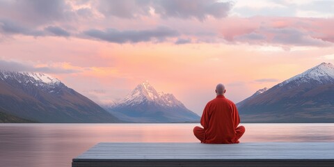 Fototapeta premium A serene monk meditating by the tranquil lake amidst majestic mountains.