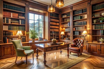 a library with a green chair and a lamp on the table