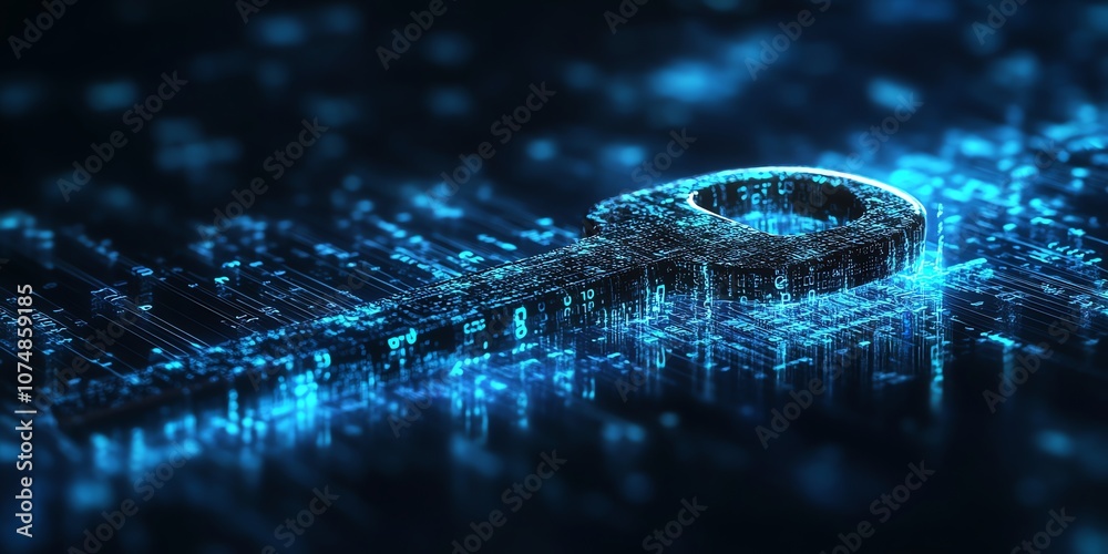 Poster a stylized key is rendered as a glowing blue 3d object on a dark digital background.