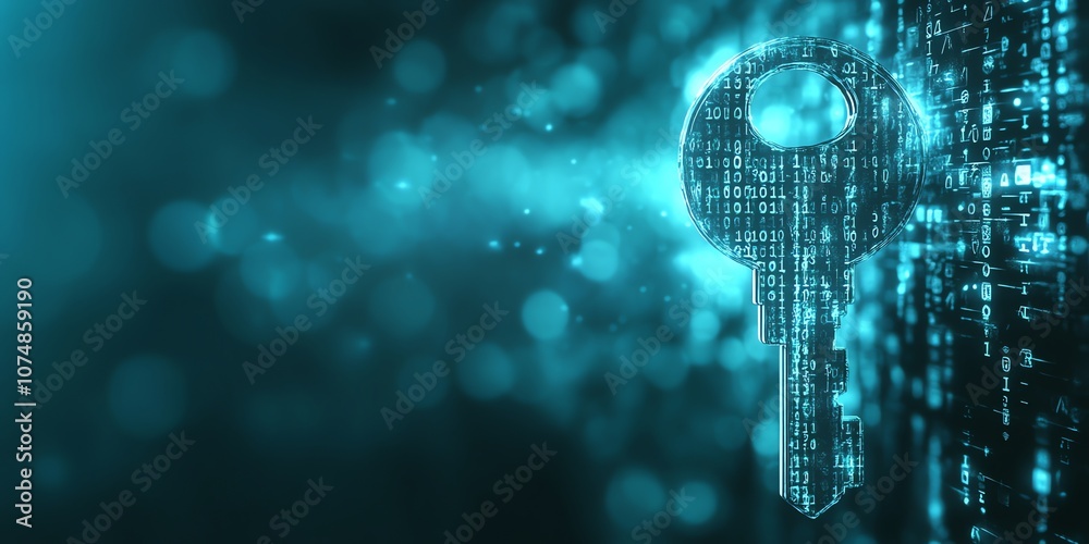 Poster Digital key with code on a blue background with bokeh effect.