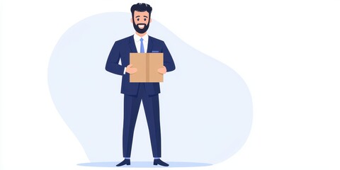 A smiling businessman holding a cardboard box, ready for shipping or delivery.