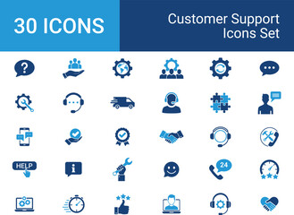 A set of 30 Customer Service Icon sets, Support, Helpdesk, and Solutions. including support, helpdesk, technical assistance, and communication. Vector Illustration