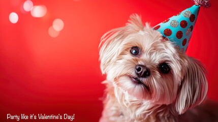 Adorable dog wearing party hat on valentine's day celebration card design