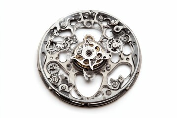 Intricate clockwork mechanism isolated on white.