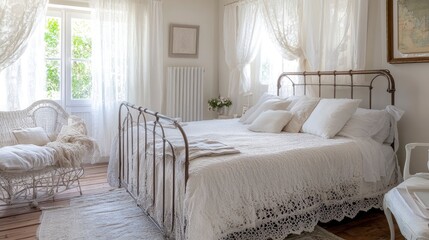 Romantic White Bedroom with Lace Curtains and Wrought Iron Bed Frame