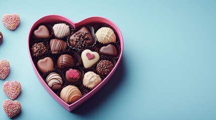 Heart Shaped Box of Assorted Valentine’s Day Chocolates on Blue Background