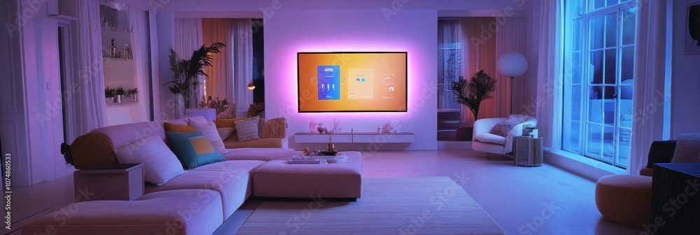 Poster a stylish modern living room features customizable ambient smart lighting and touch panels, creating