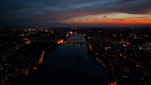 Aerial drone view of Knippel bascule bridge in Copenhagen, Denmark at night