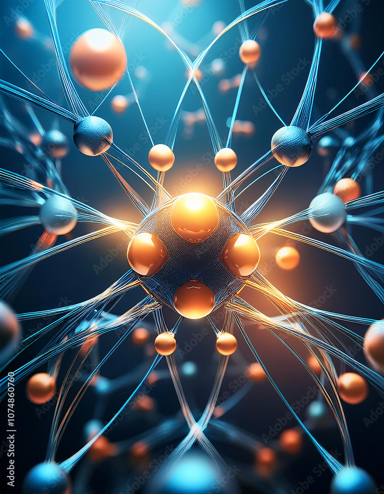 Poster A complex network of interconnected spheres and lines, representing a neural network or a molecule. Generative AI.