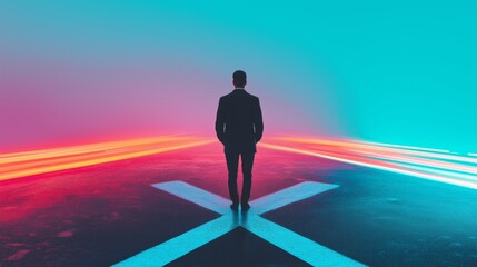 Businessman Standing at Crossroads with Neon Lights