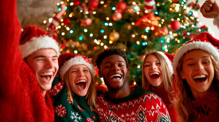 Friends in Ugly Christmas Sweaters Around Decorated Tree