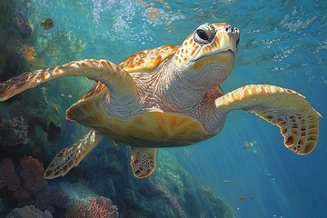 Fototapeta premium A green sea turtle swims through a coral reef, sunbeams shining through the water.