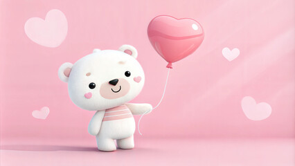 Obraz premium Cute white teddy bear holding a pink heart-shaped balloon with a pastel background for Valentine's Day, for a romantic postcard, copy space 