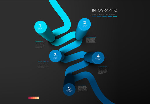Five round blue columns infographic template with five steps instructions on diagonal gradient path